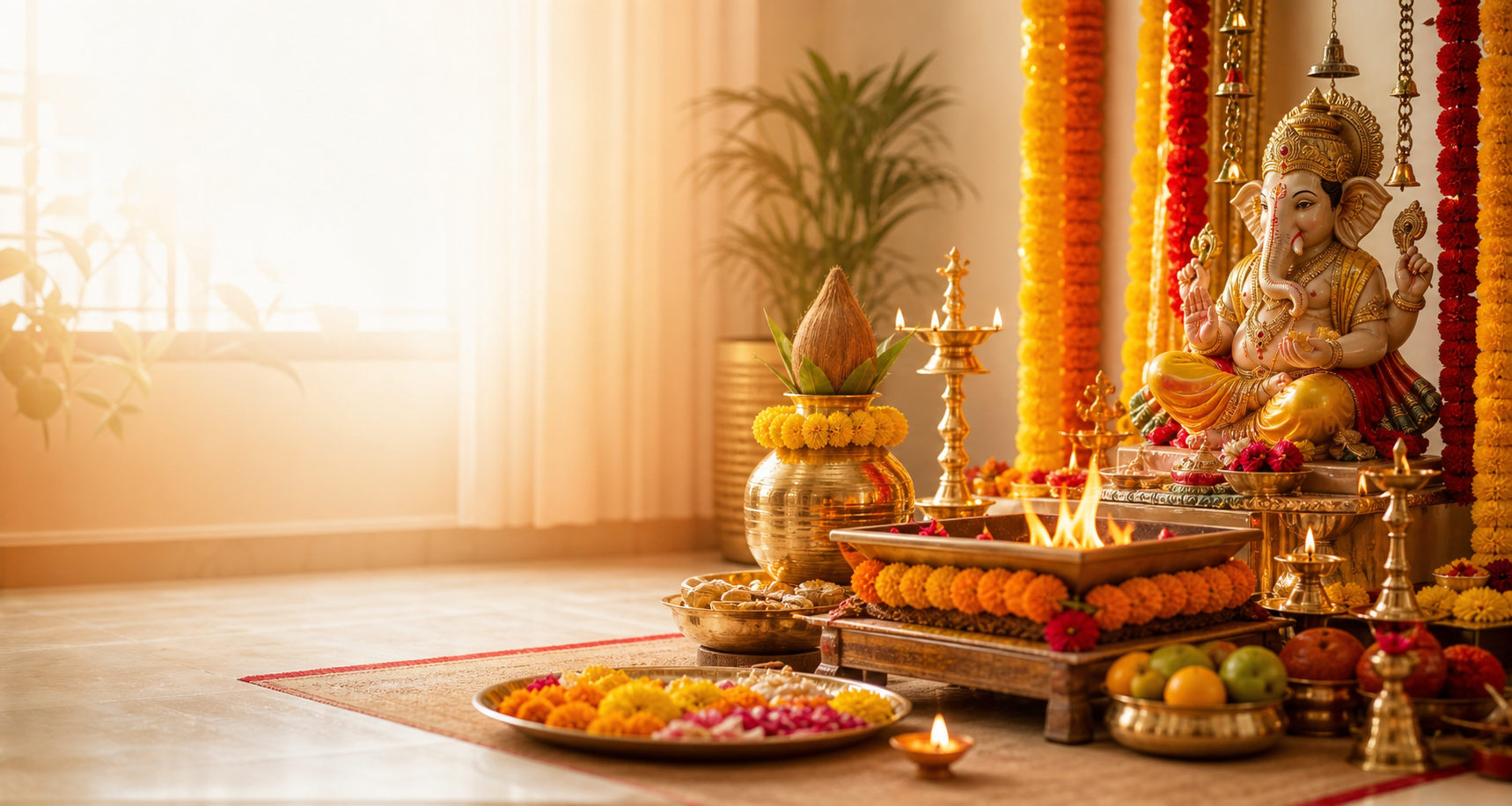Premium puja setup with Lord Ganesha idol, kalash, diya and havan for Hindi Pandit services in Bangalore