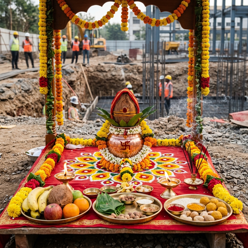 Bhumi Puja (Bhoomi Pooja) altar setup with kalash, marigold flowers, havan samagri at a construction plot in Bangalore