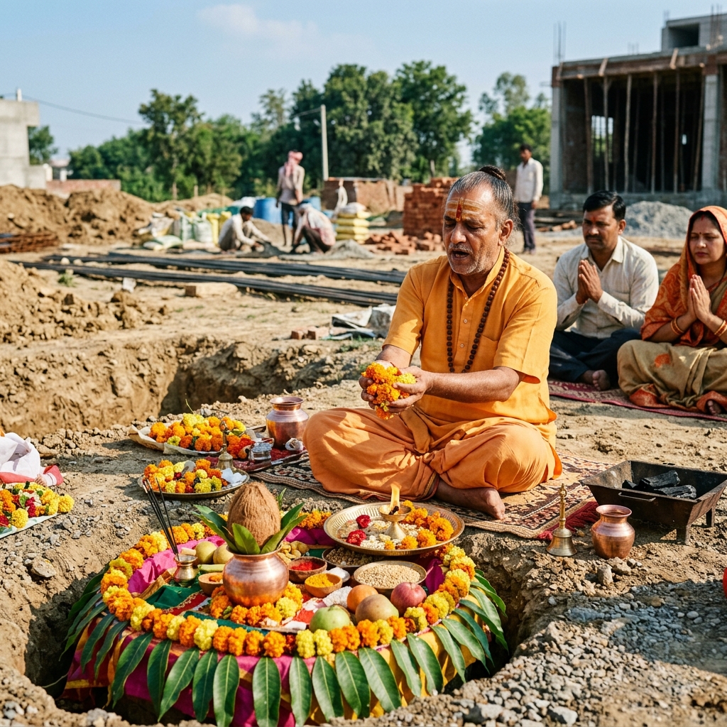 North Indian Pandit performing Bhumi Puja grounding rituals at a construction plot in Bangalore