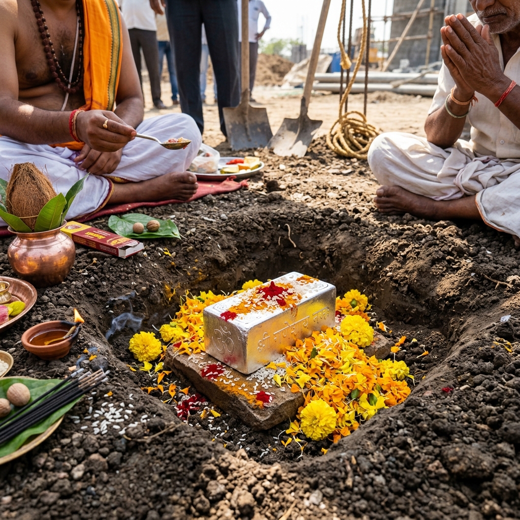 Silver brick, tortoise, and Vastu Purusha metal icons for foundation stone laying (Shila Sthapana) in Bangalore