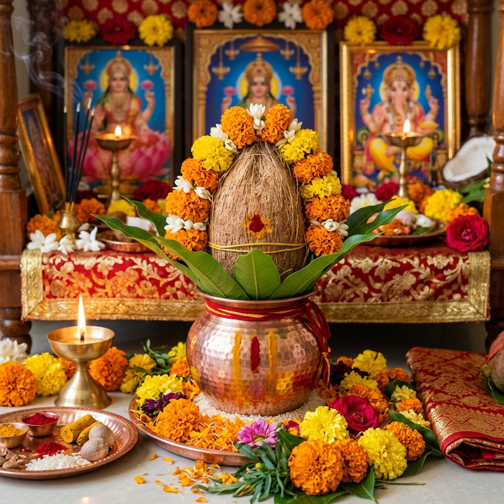 Decorated copper kalash with coconut and mango leaves on raw rice for Bhumi Puja altar in Bangalore