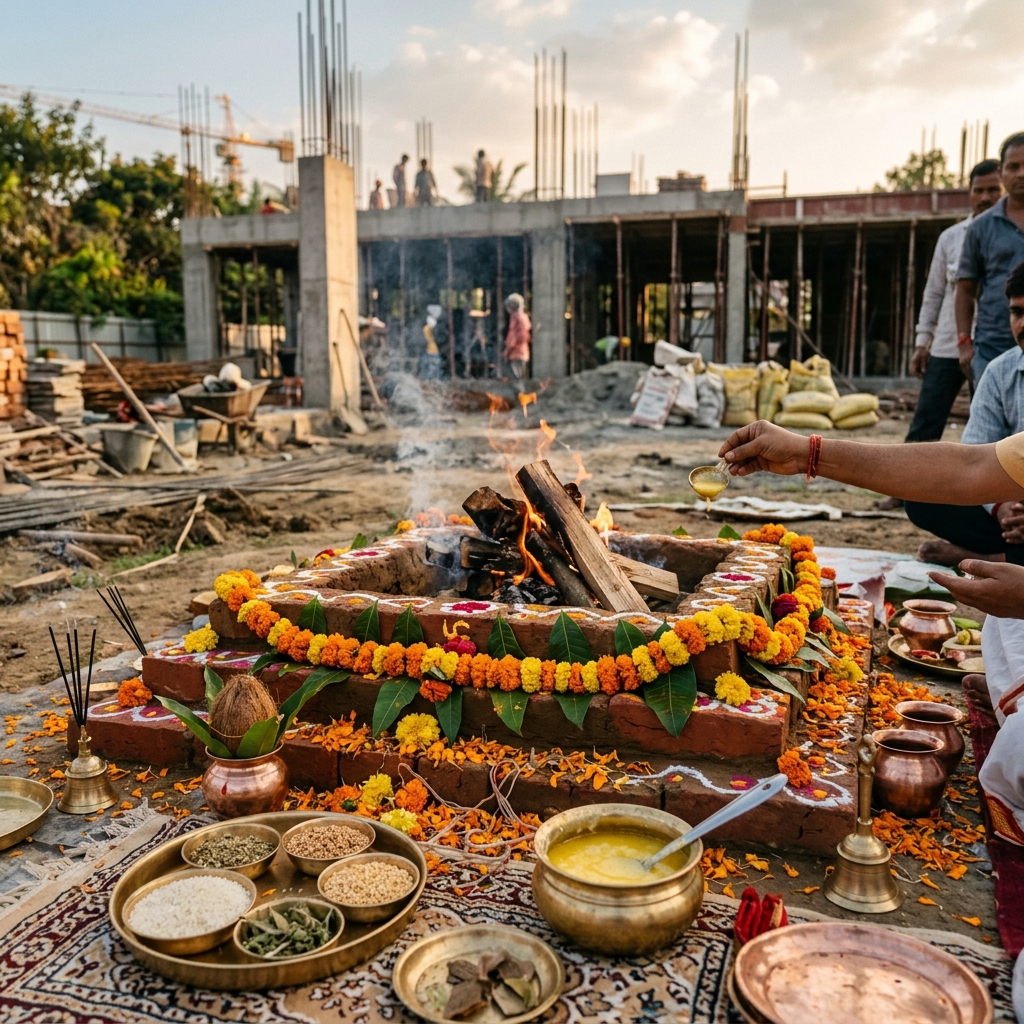 Sacred Havan fire ceremony conducted at a construction site in Bangalore for site purification