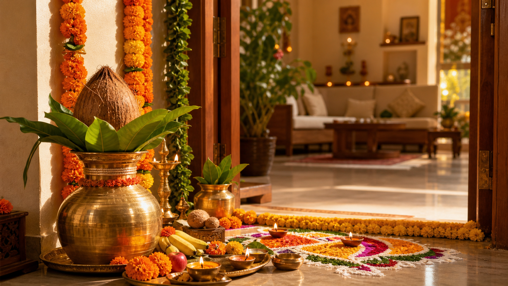 Grih Pravesh Puja setup with kalash, coconut, marigold garlands, rangoli and diya lamps for home blessing in Bangalore