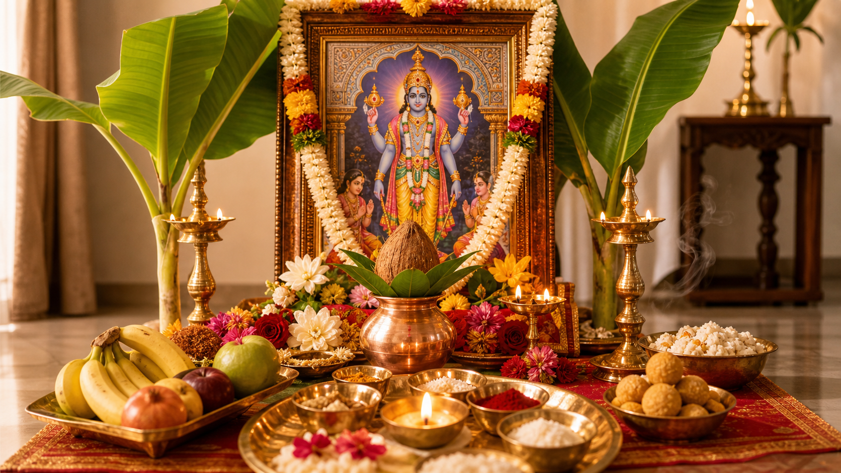 Satyanarayan Puja altar with Vishnu puja thali, kalash, fruits, flowers, prasad and diya lamps for Bangalore families