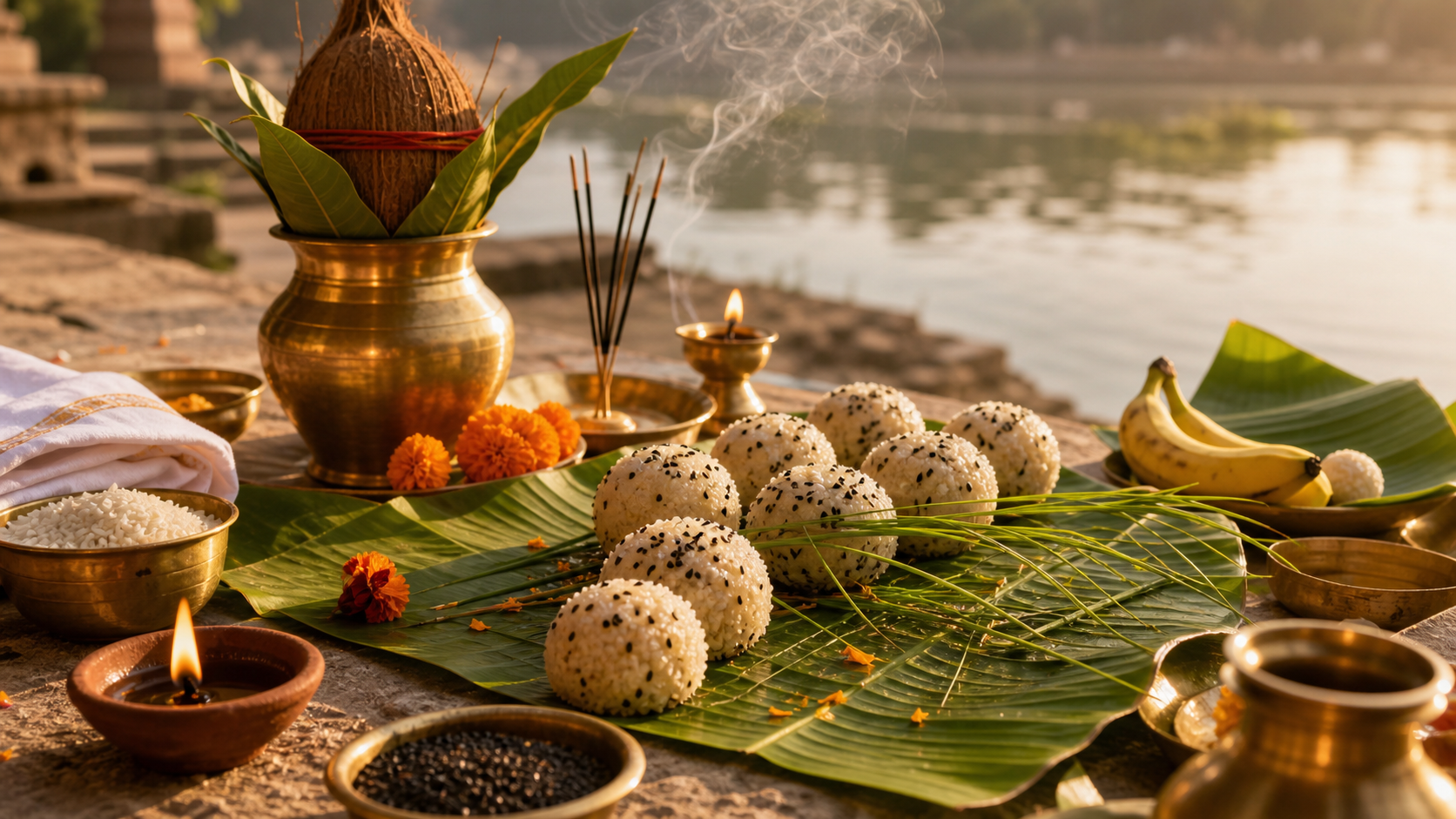 Shradh Puja setup with pind daan offerings, kusa grass, black sesame, brass kalash, diya and banana leaf